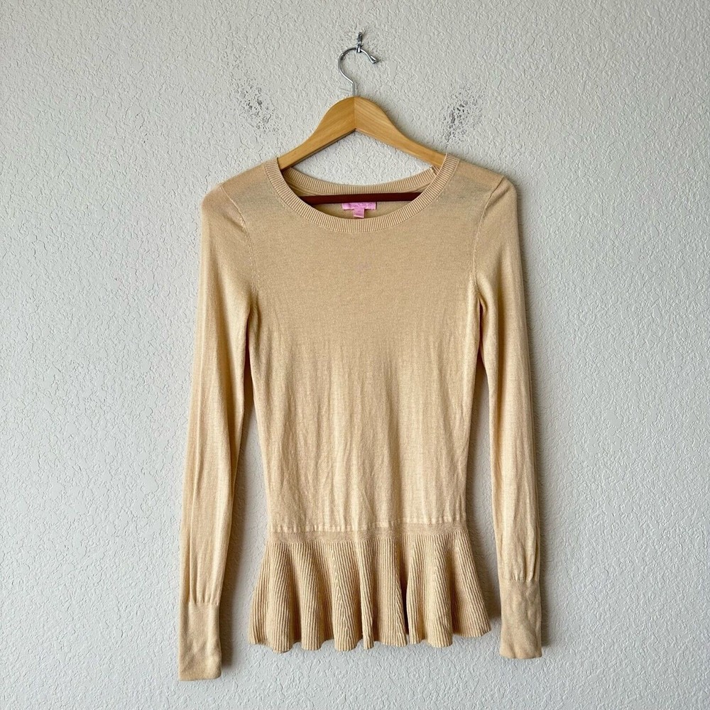 LILLY PULITZER Tan Aurora Peplum Sweater w/ Button in Tan